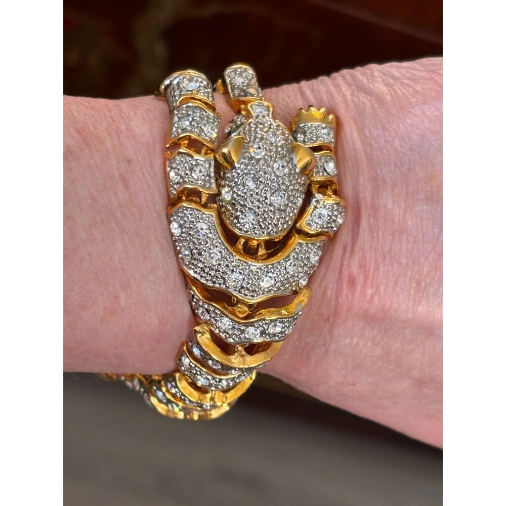 Vtg Articulated Pavé Rhinestone Panther Leopard Bracelet Gold Tone - Picture 7 of 8